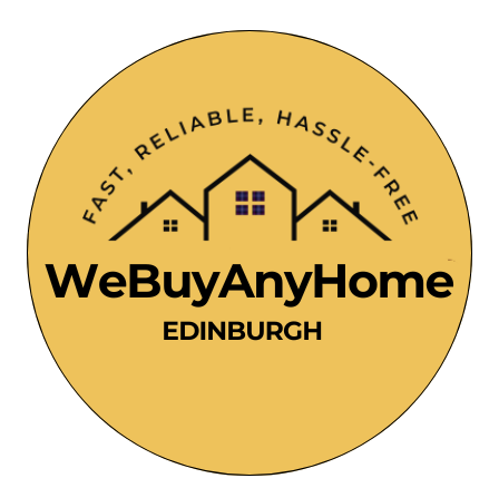 We Buy Any Home Edinburgh logo featuring a circular yellow background. Inside, there is a black outline of three houses with purple windows. Above the houses, the tagline “Fast, Reliable, Hassle-Free” is curved along the top. Below the houses, the bold bla